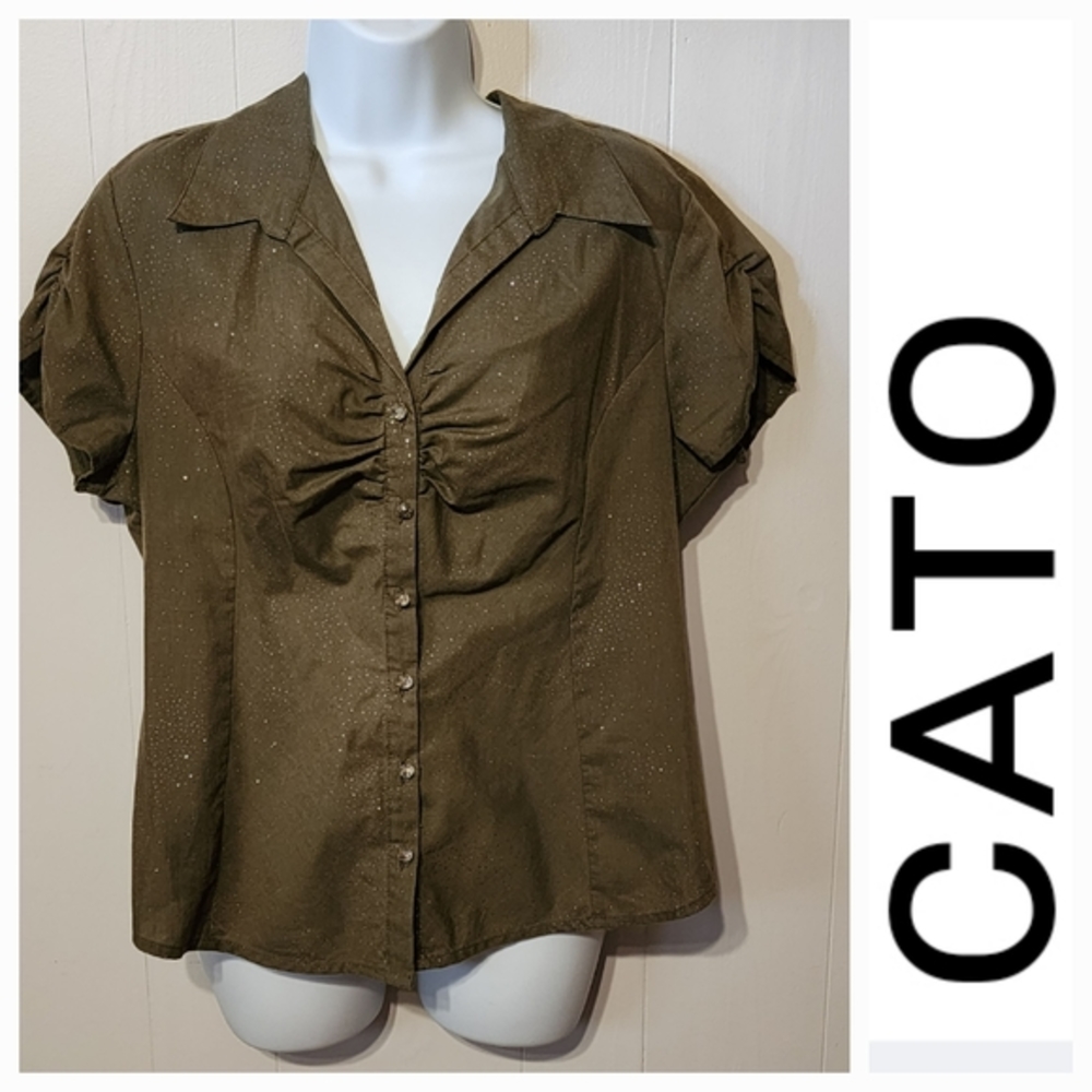 Cato Cap Sleeve Ruched Button Front Top Olive Green Silver Flecks‎ Large A322
